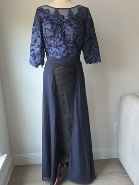 Elegant Navy Blue Lace Chiffon Dress Top With Maxi Skirt Long Sheer Skirt Cover